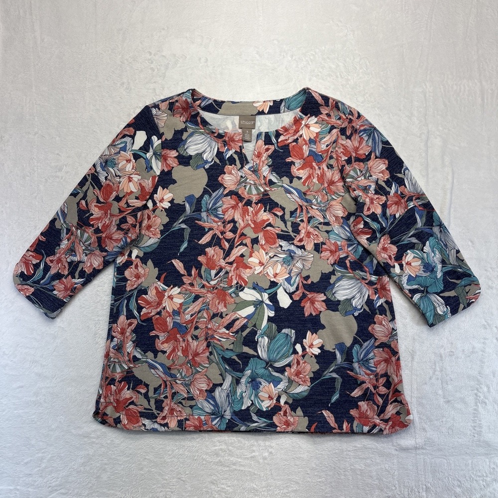 Chico's Shirt Womens Size 3 (16/18) Blue/Orange Floral 3/4 Sleeves V-Neck